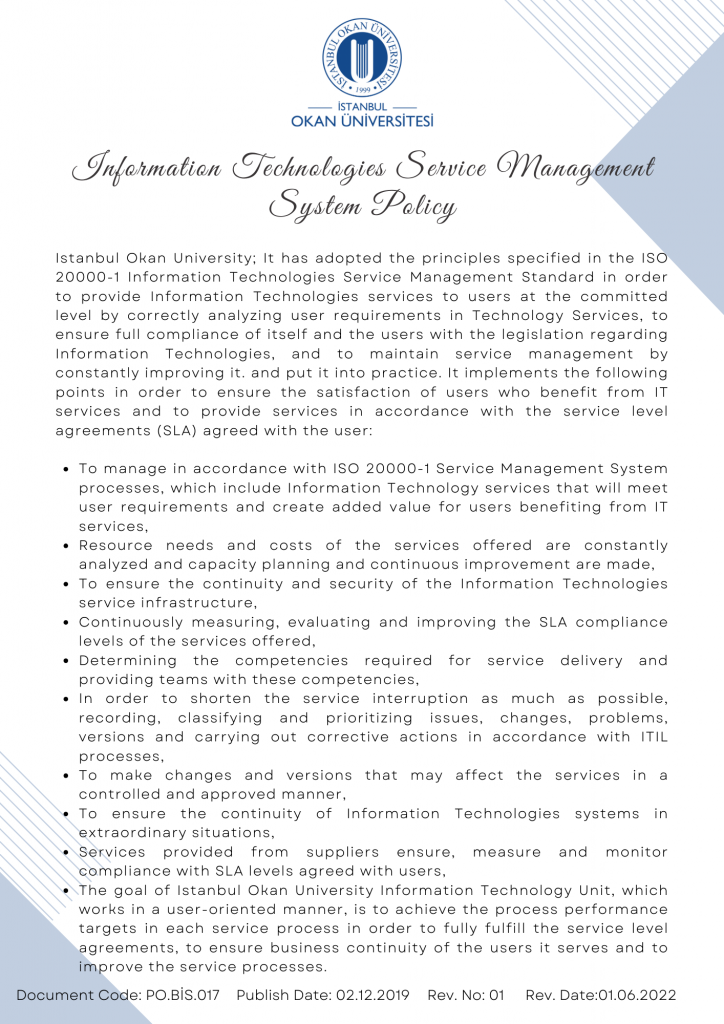 Information Technologies Service Management System Policy